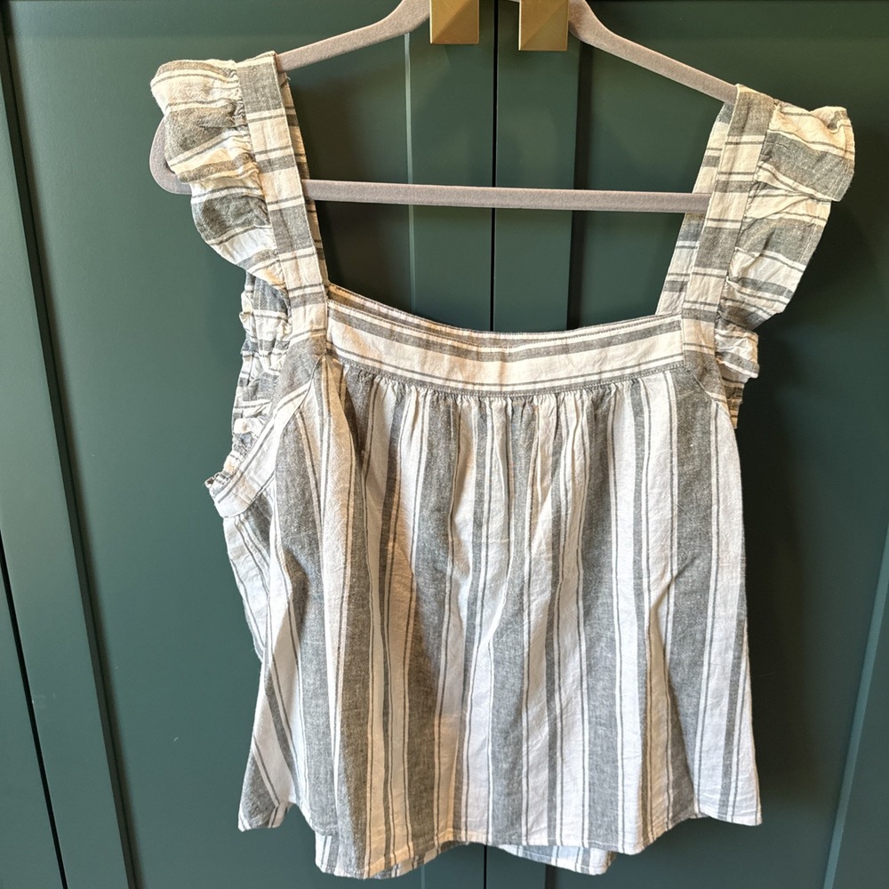 NWT LOFT Women's Gray Stripe Ruffle Square-Neck Shell‎ - Size Large
